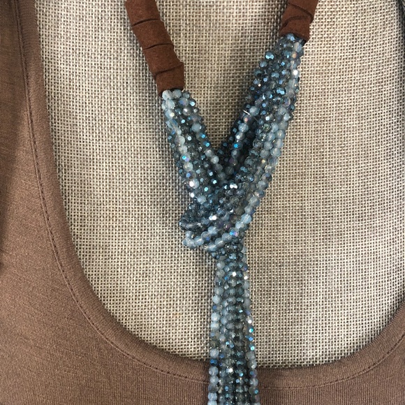 Denim Blues Cut Crystal/Brown Suede Lariat Necklace-Boutique - Picture 2 of 5